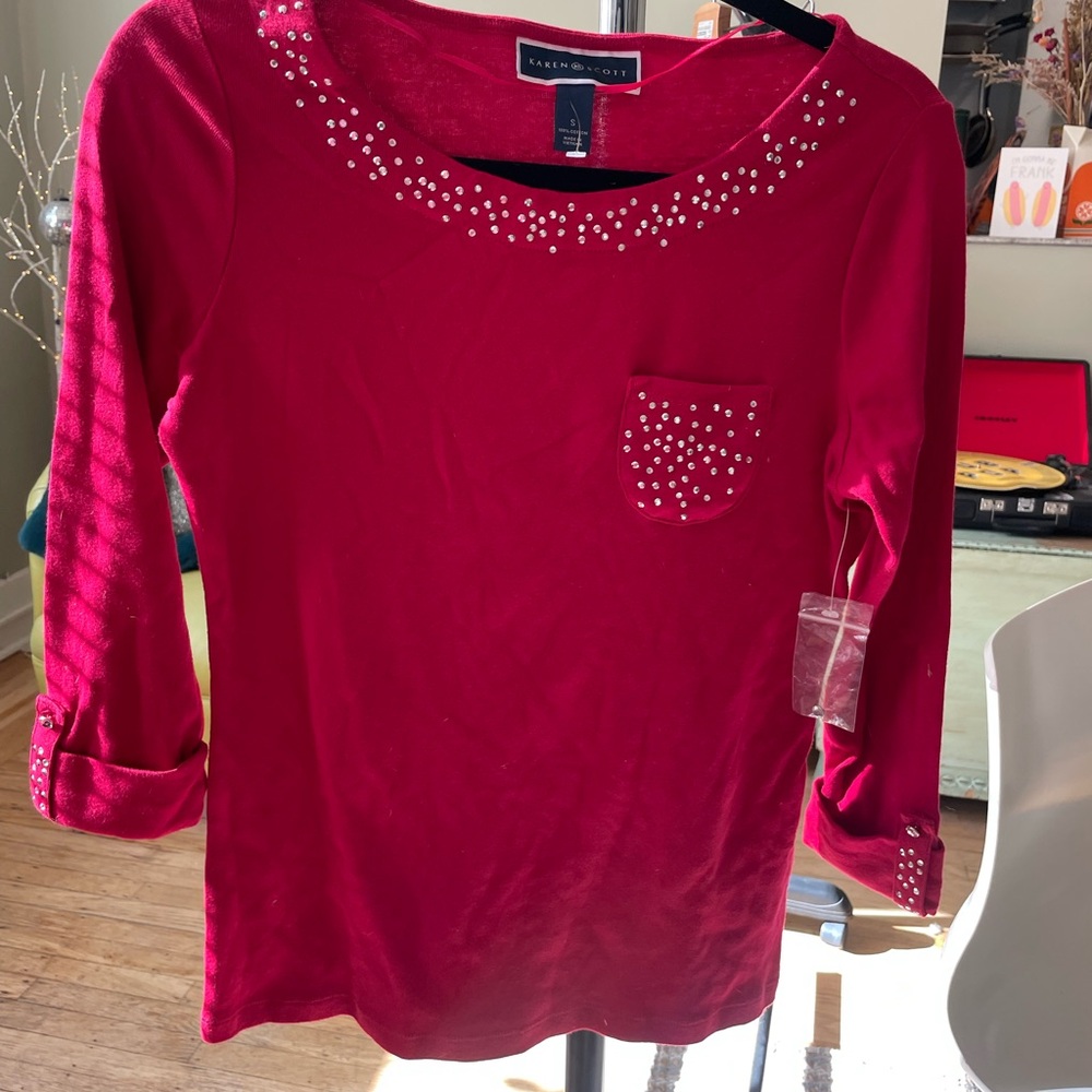 Karen Scott Red Long-Sleeve Embellished Scoop-Neck Top